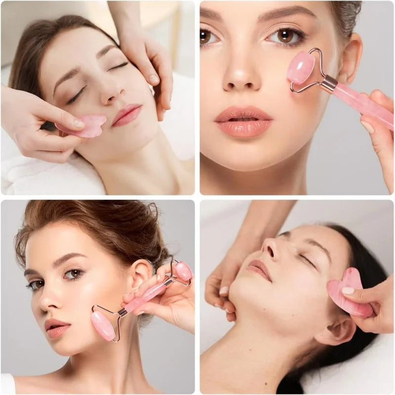 Set Gua Sha & Rouleau Quartz Rose – Massage Visage Anti-Âge